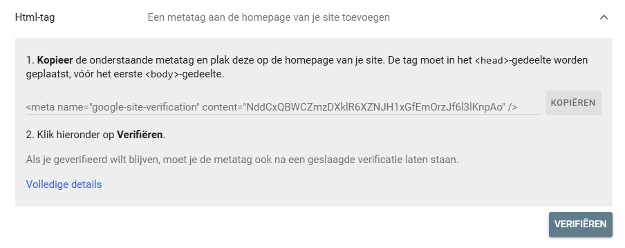 HTML-tag verificatie voor Search Console gebruiker toevoegen