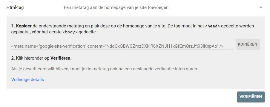HTML-tag verificatie voor Search Console gebruiker toevoegen